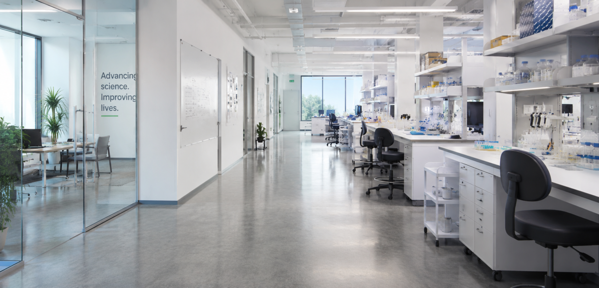 Modern biopharma startup laboratory with workbenches, glass offices and research equipment
