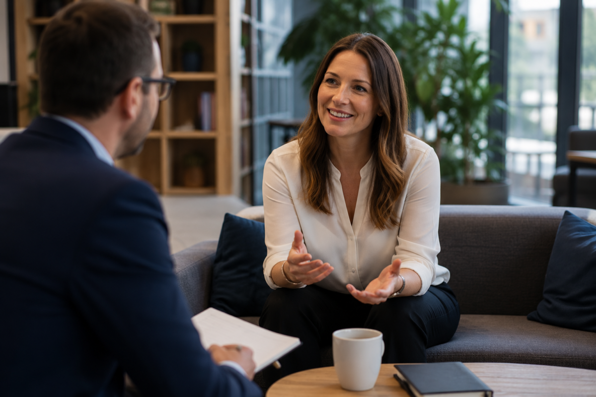 Smiling female client speaking with an adviser during a relaxed office conversation