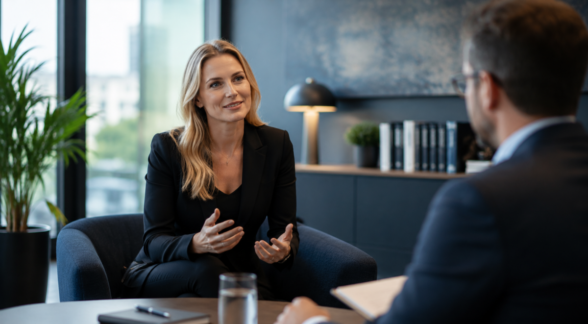 Senior business leader discussing her experience with a European HR compliance advisor