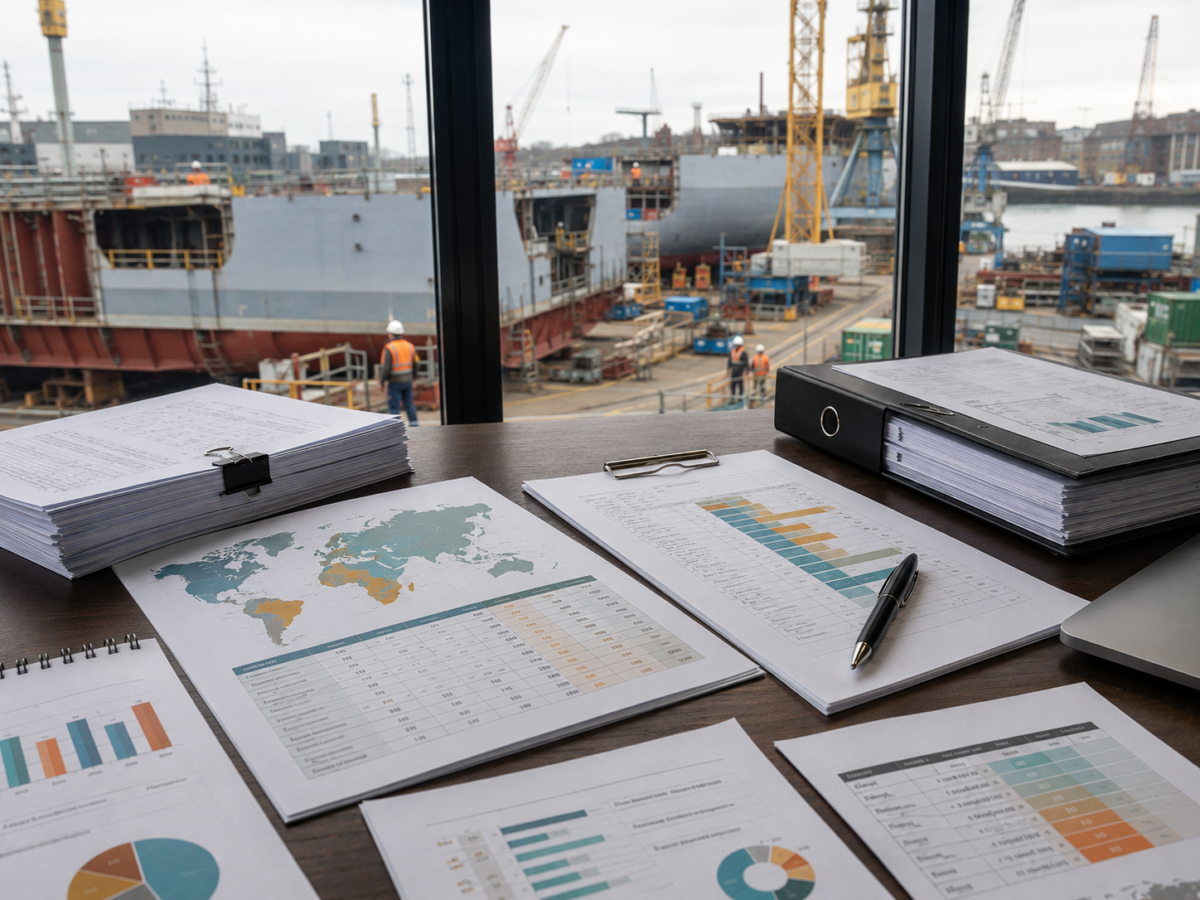 Workforce risk reports and European compliance documents on a desk overlooking an active shipyard