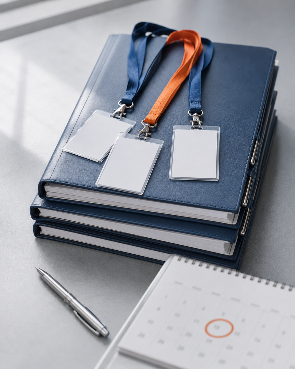 Three blank employee ID badges resting on contract folders beside a calendar with a date circled in orange.