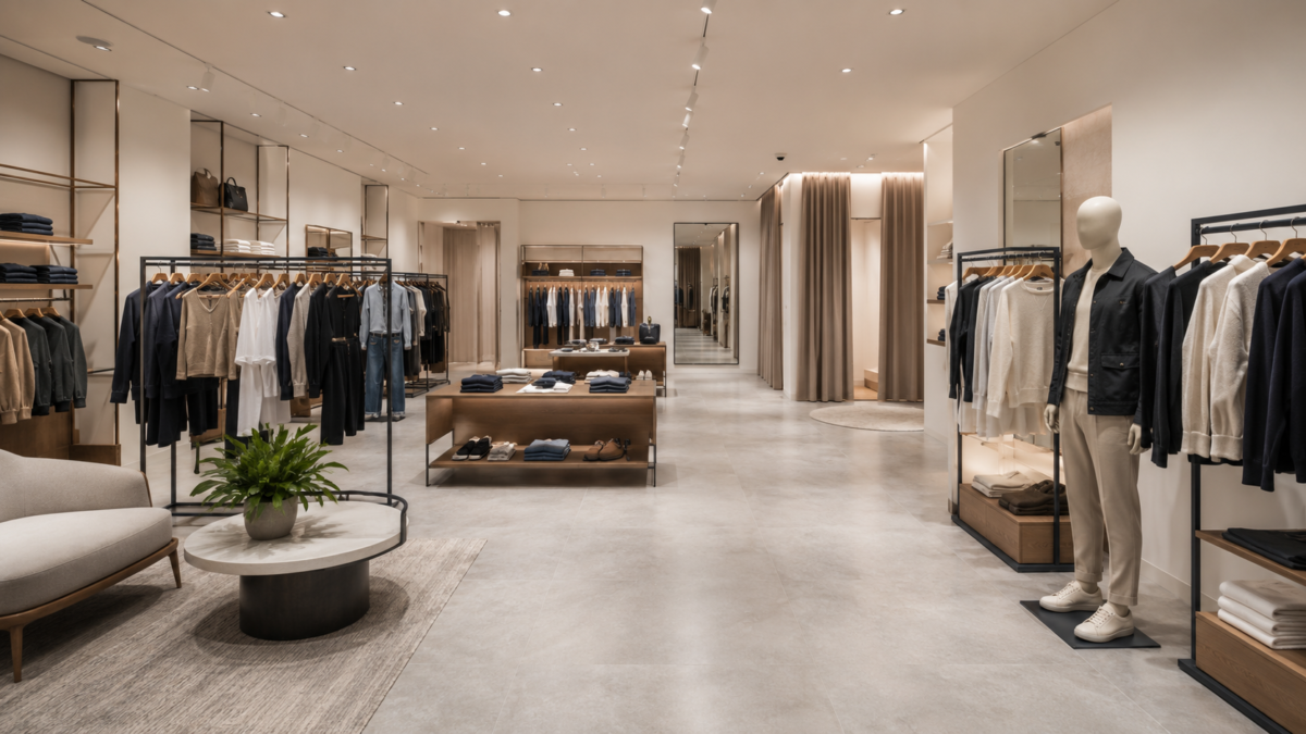 Empty modern fashion store with clothing displays, fitting rooms and a minimalist interior