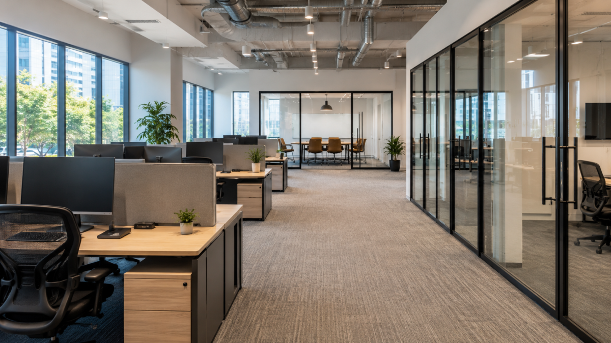 Empty modern tech company office with open workstations, glass meeting rooms and natural light