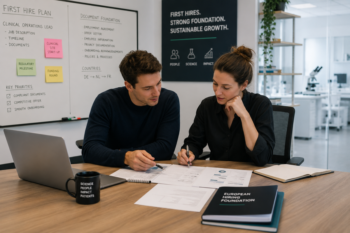 Startup founders planning first European hires and reviewing employment documents in a modern biotech office