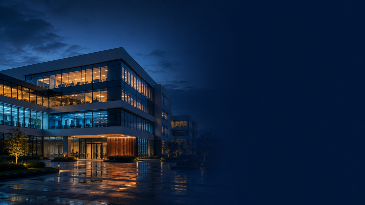 Modern European life sciences campus with illuminated office and laboratory windows reflected on a wet forecourt at dusk.