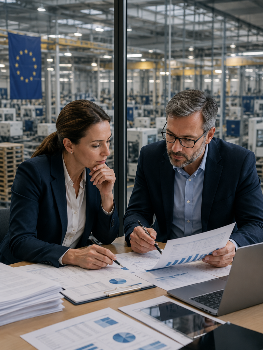 Senior HR and transaction advisers reviewing workforce documents overlooking a European manufacturing facility