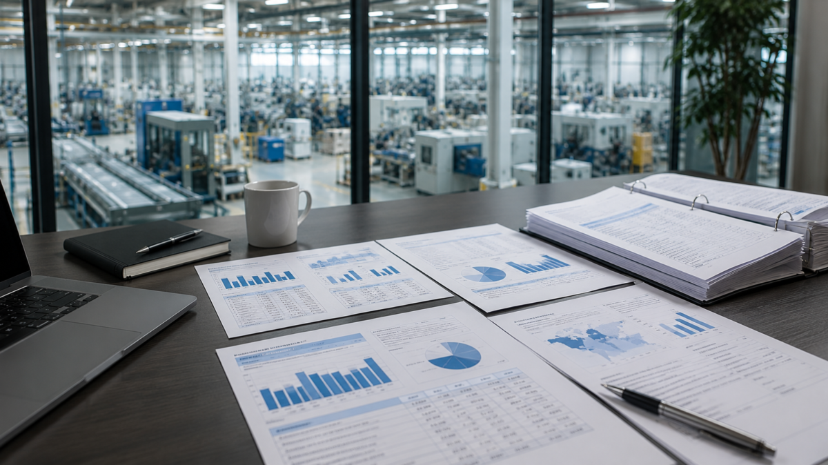 Workforce reports, compliance documents, and transaction data arranged on a desk overlooking a European manufacturing facility