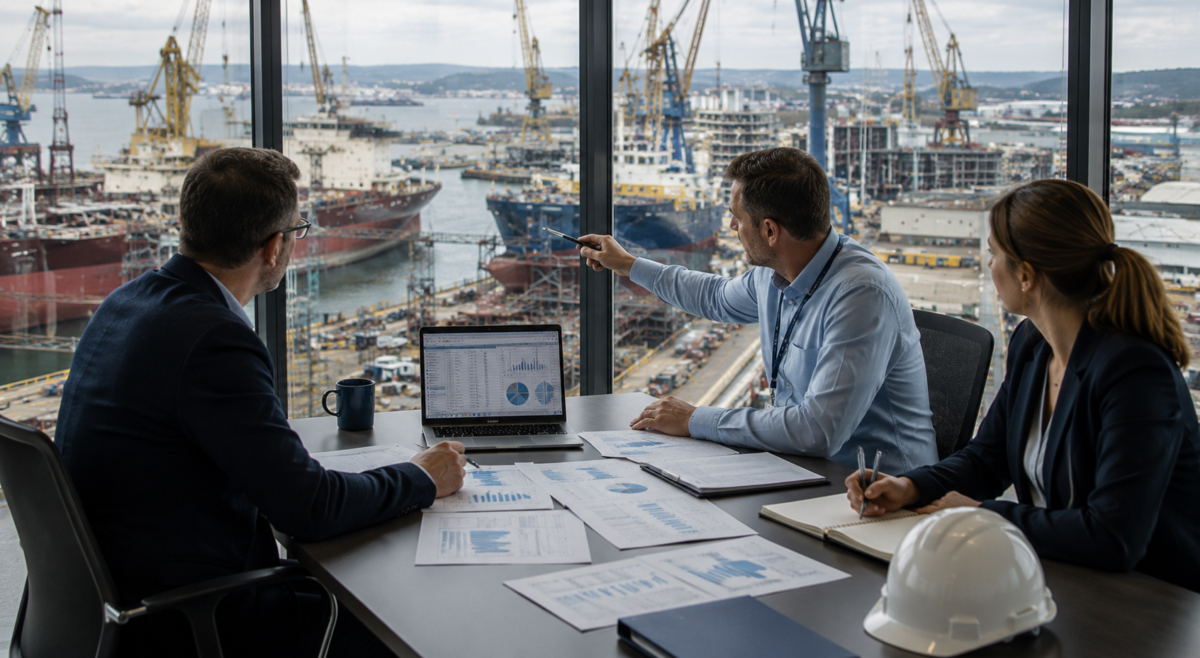HR, payroll, and finance leaders reviewing consolidation plans overlooking a busy shipyard