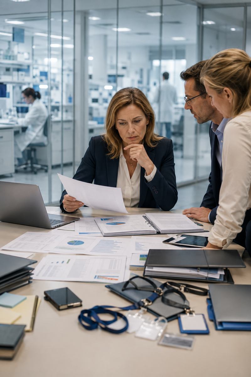 HR and compliance leaders reviewing workforce documents in a modern pharma office with a laboratory in the background