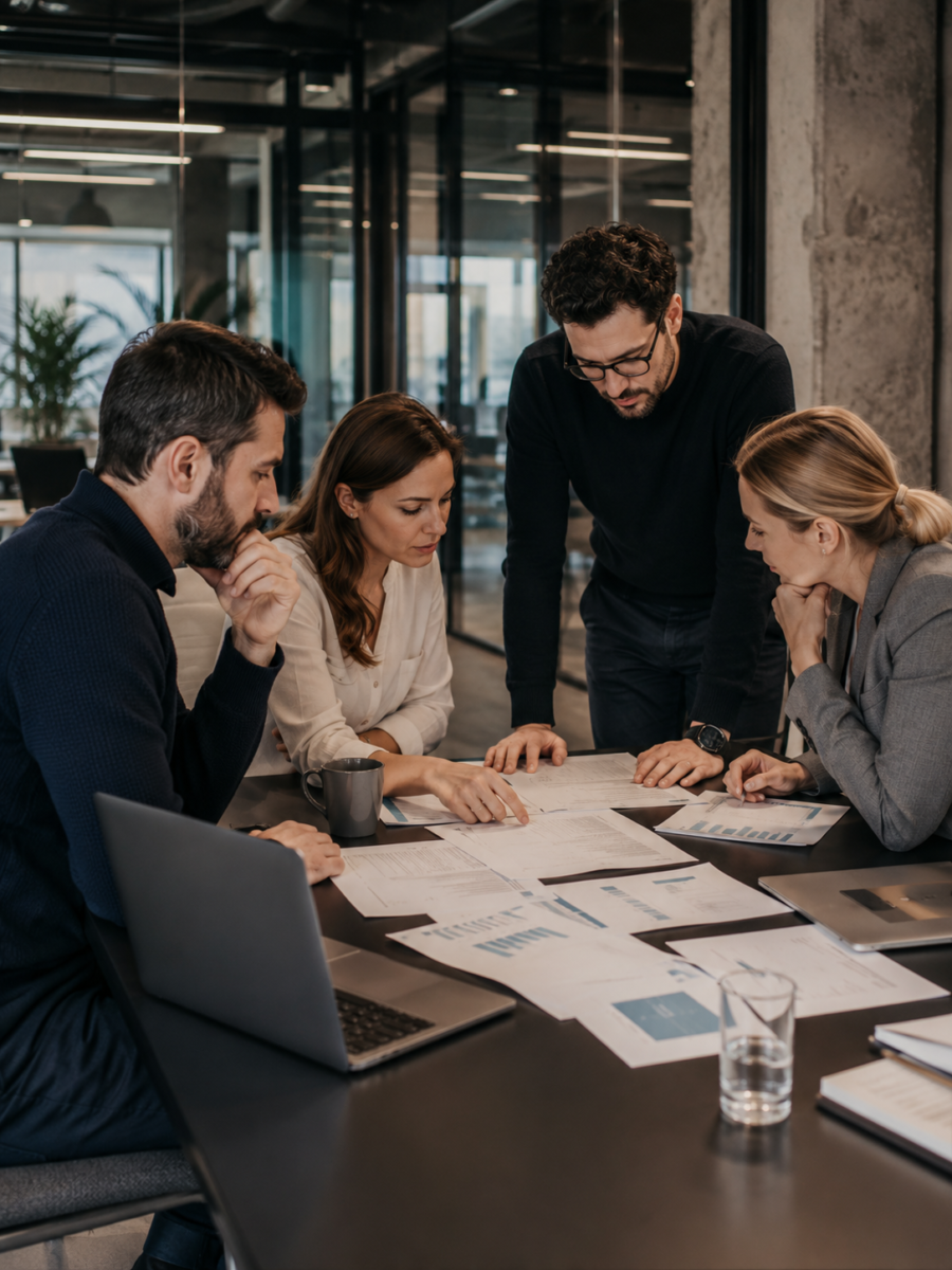 Tech leadership team reviewing employment and payroll setup documents in a modern office