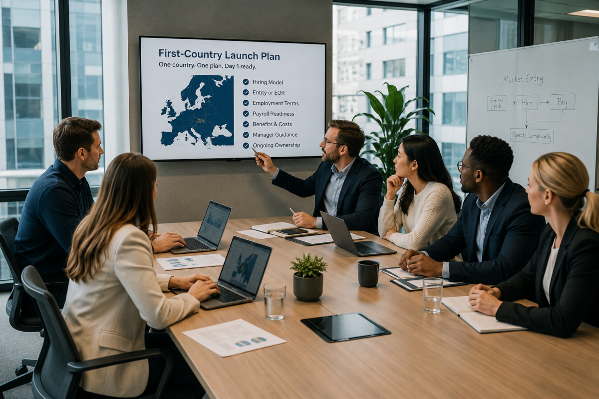 Tech leaders reviewing a first-country employment, payroll and HR launch plan for Europe