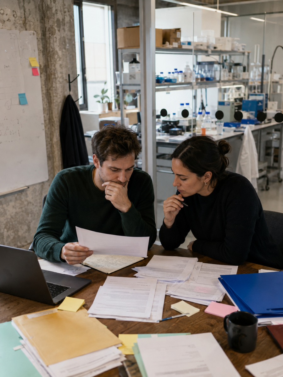 Pharma startup founders reviewing employment documents in a small biotech workspace