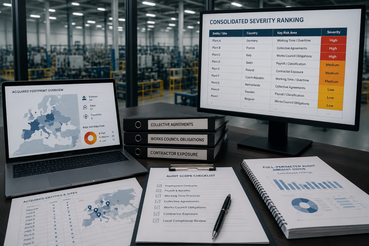 Consolidated workforce risk reports covering acquired manufacturing entities and sites across Europe