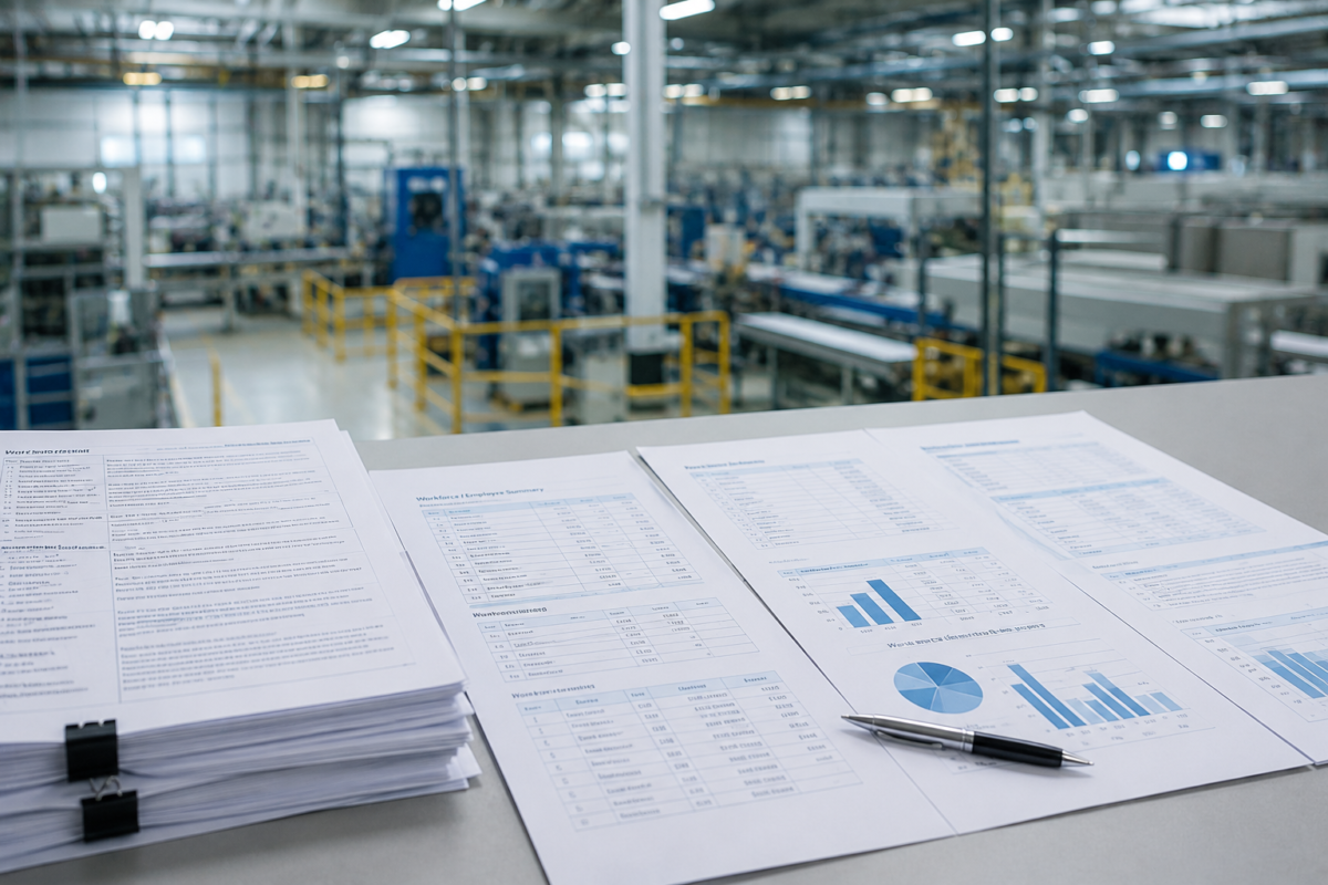 HR compliance and workforce audit documents displayed inside a manufacturing facility