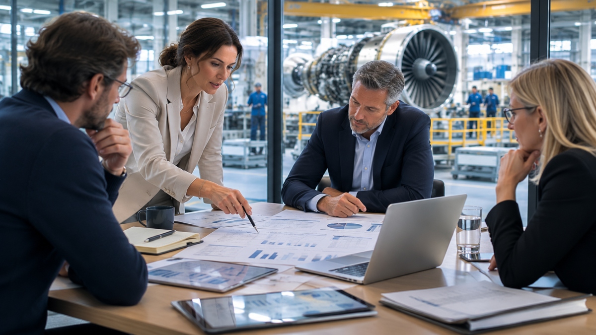 Corporate development and HR leaders reviewing acquisition plans beside an aircraft engine manufacturing facility