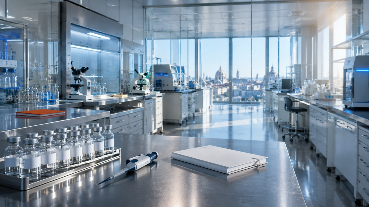 Empty modern pharmaceutical laboratory with glass vials, a pipette, microscopes, and analytical equipment overlooking a European city.