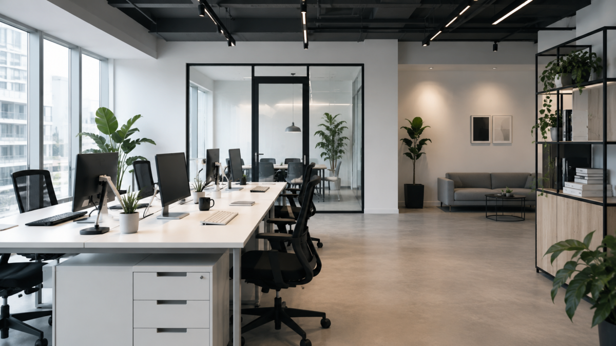Empty modern tech company office with minimalist workstations, glass meeting rooms and natural light