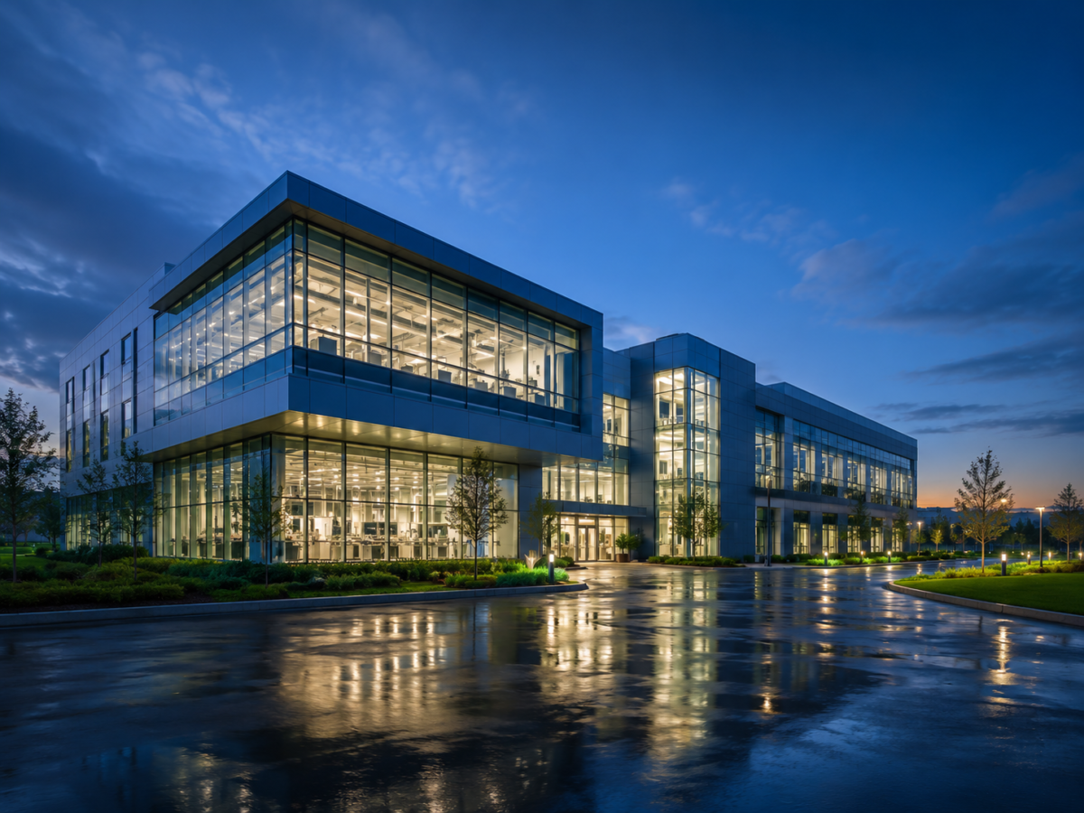 Modern pharmaceutical and biotechnology facility illuminated at dusk with laboratories visible through glass walls