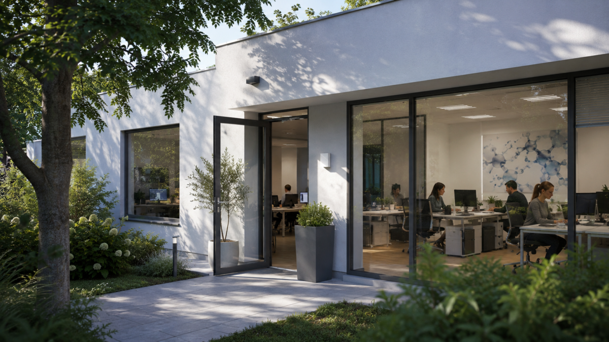 Small modern biopharma office with a modest exterior and team members working inside