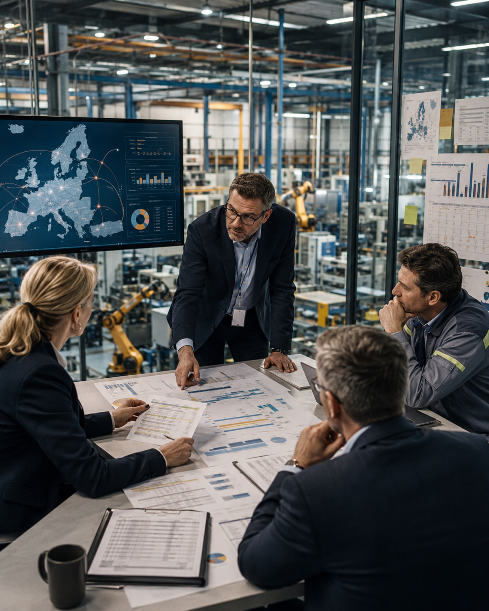 Payroll and operations specialists reviewing multi-country processes inside a European manufacturing facility