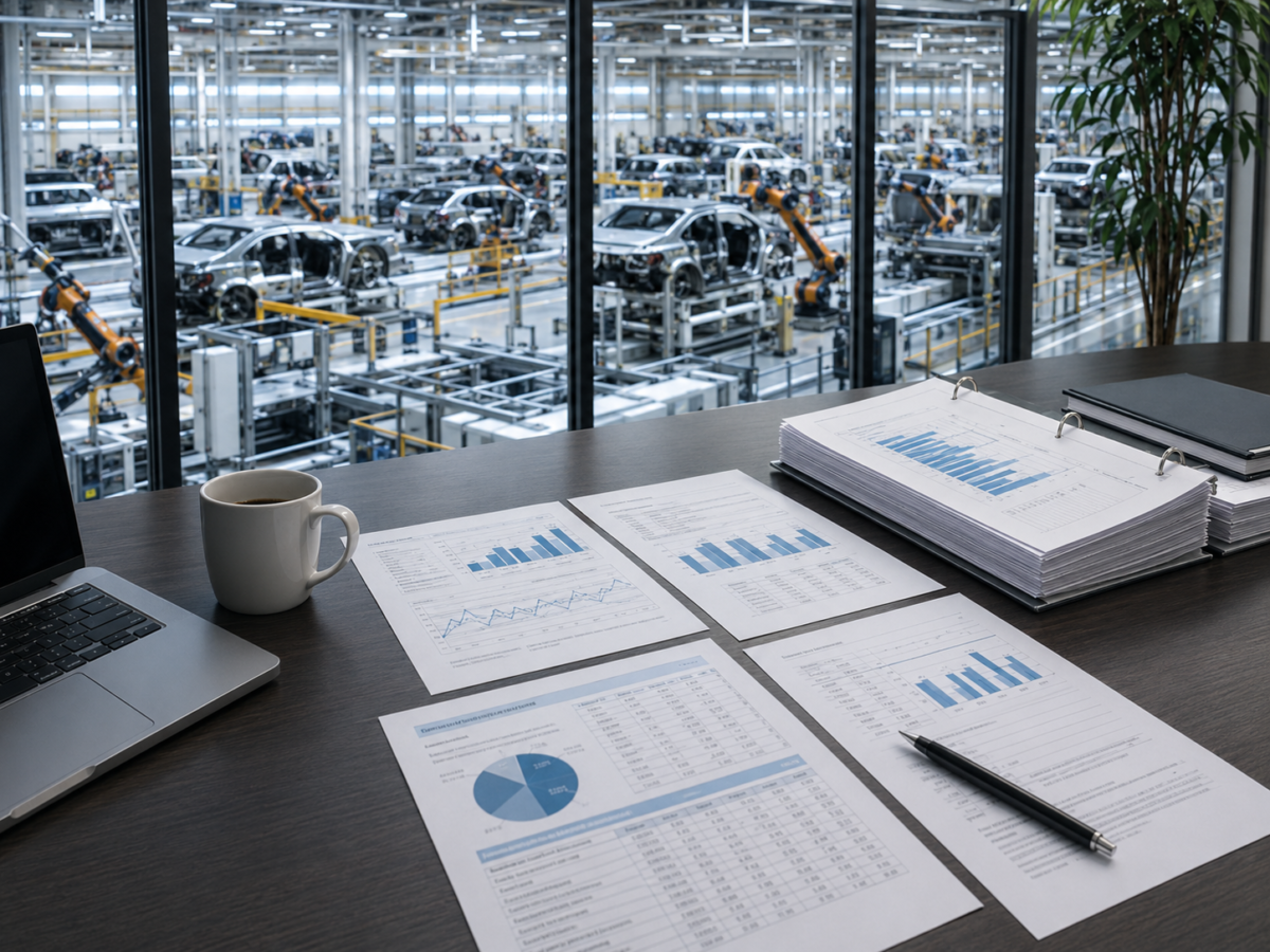 Payroll reports and workforce data on a desk overlooking a modern automotive assembly plant