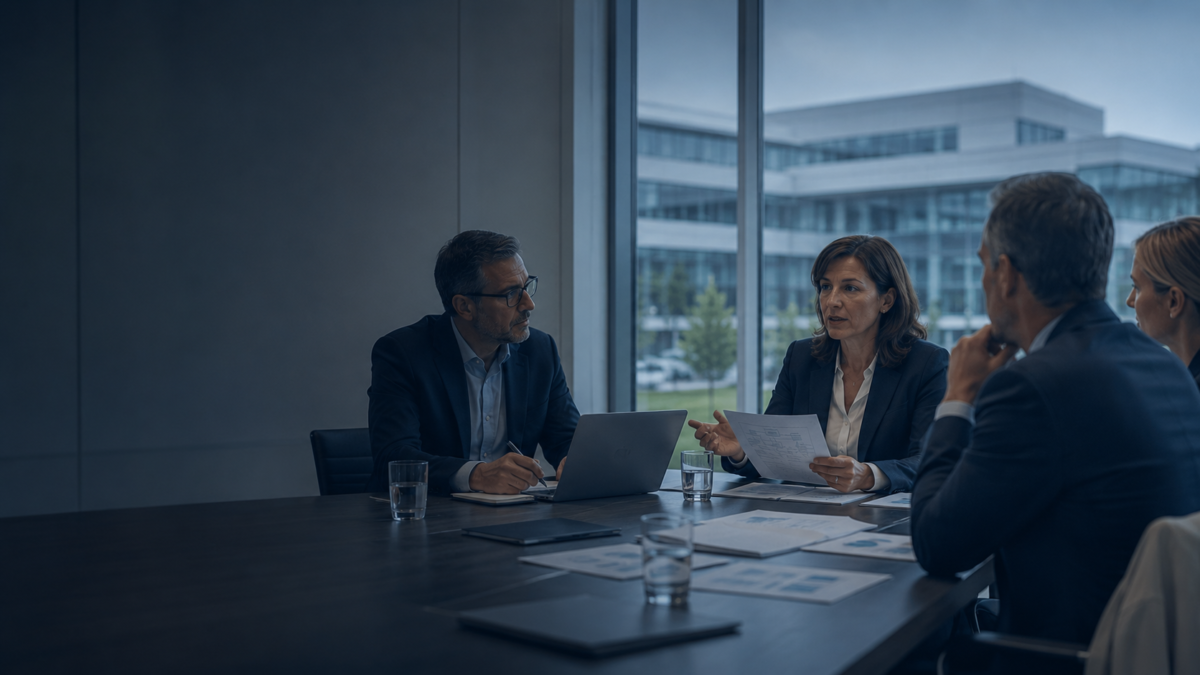 Senior executives discussing transaction documents in a modern meeting room overlooking a pharmaceutical campus.