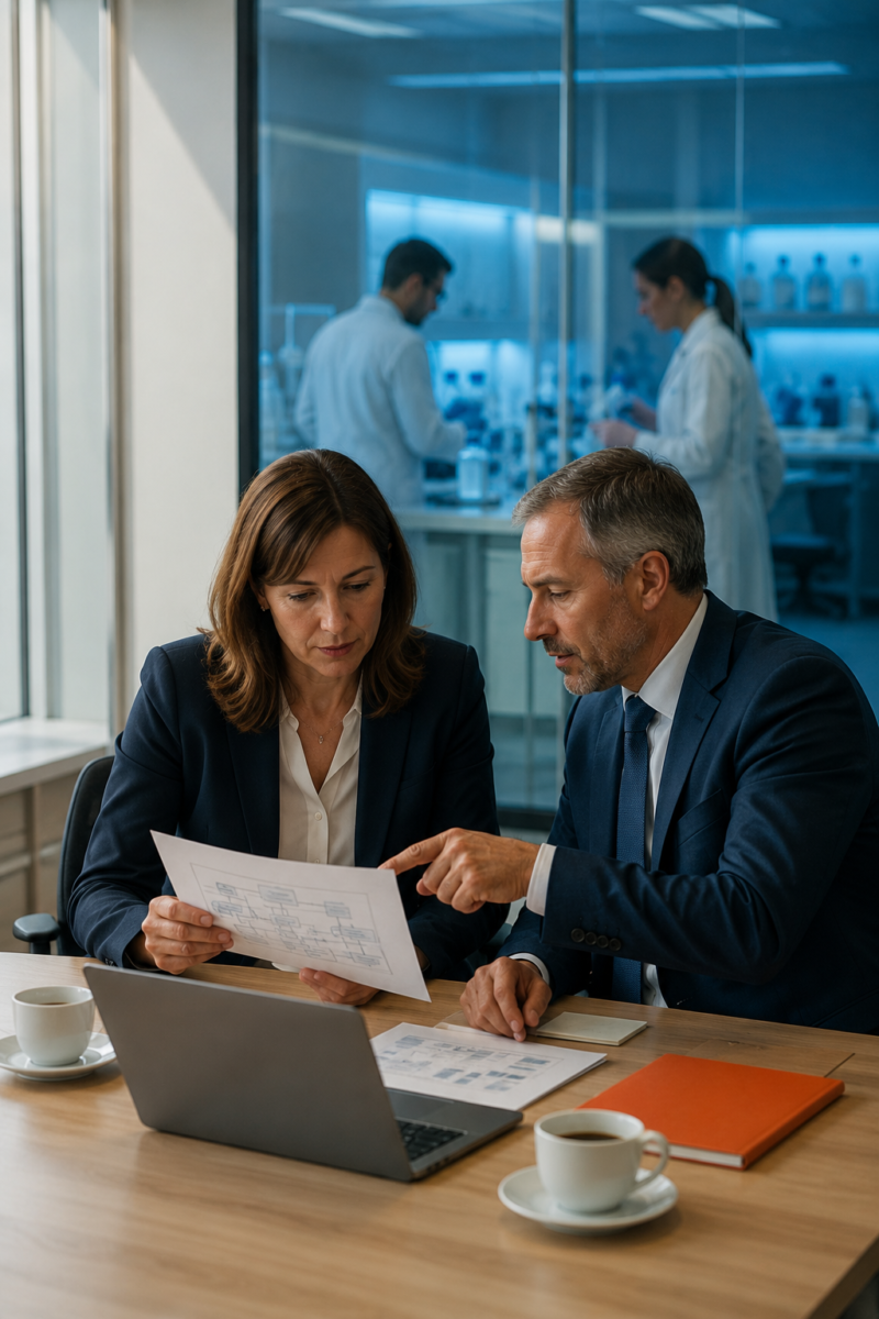 Two senior professionals reviewing an organizational chart in a glass-walled meeting room with pharmaceutical scientists working in the laboratory behind them.