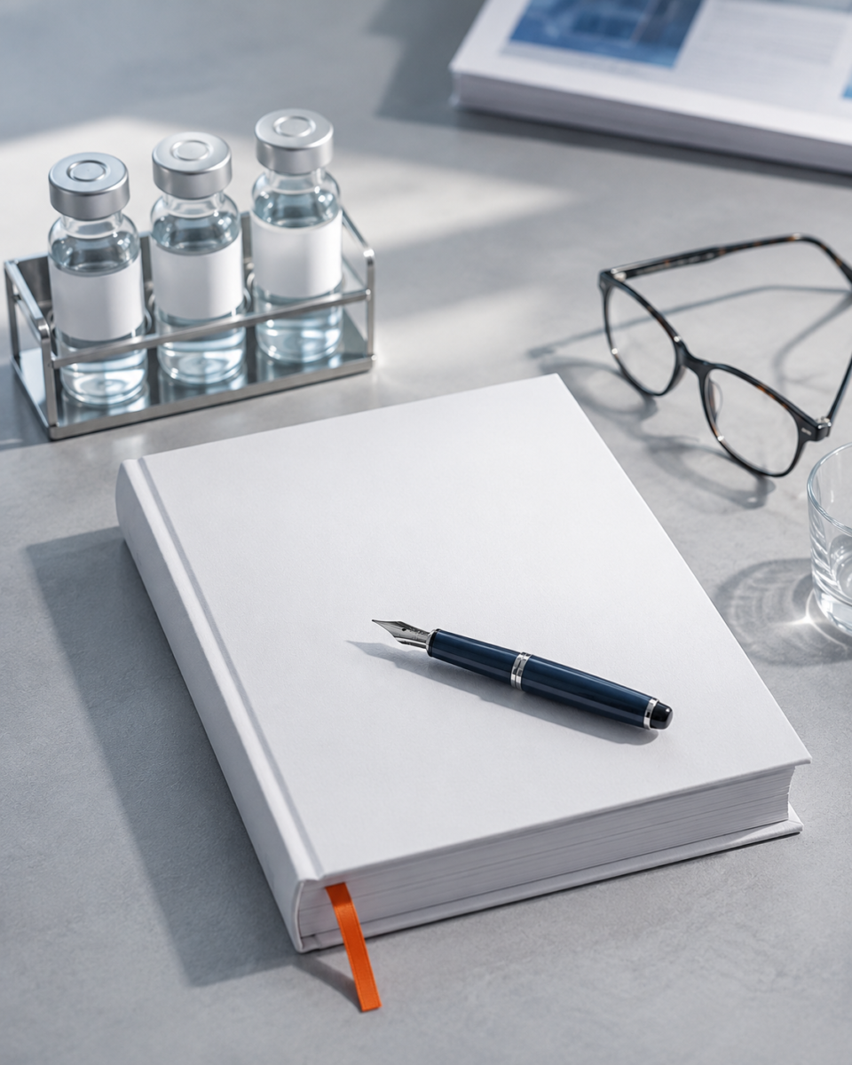 White assessment dossier with a fountain pen, laboratory vials, reading glasses, and an orange bookmark on a neutral desk.