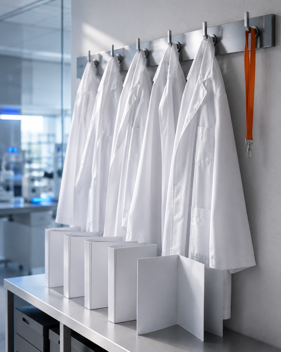 White laboratory coats hanging above blank welcome folders with an orange lanyard in a modern pharmaceutical workspace.