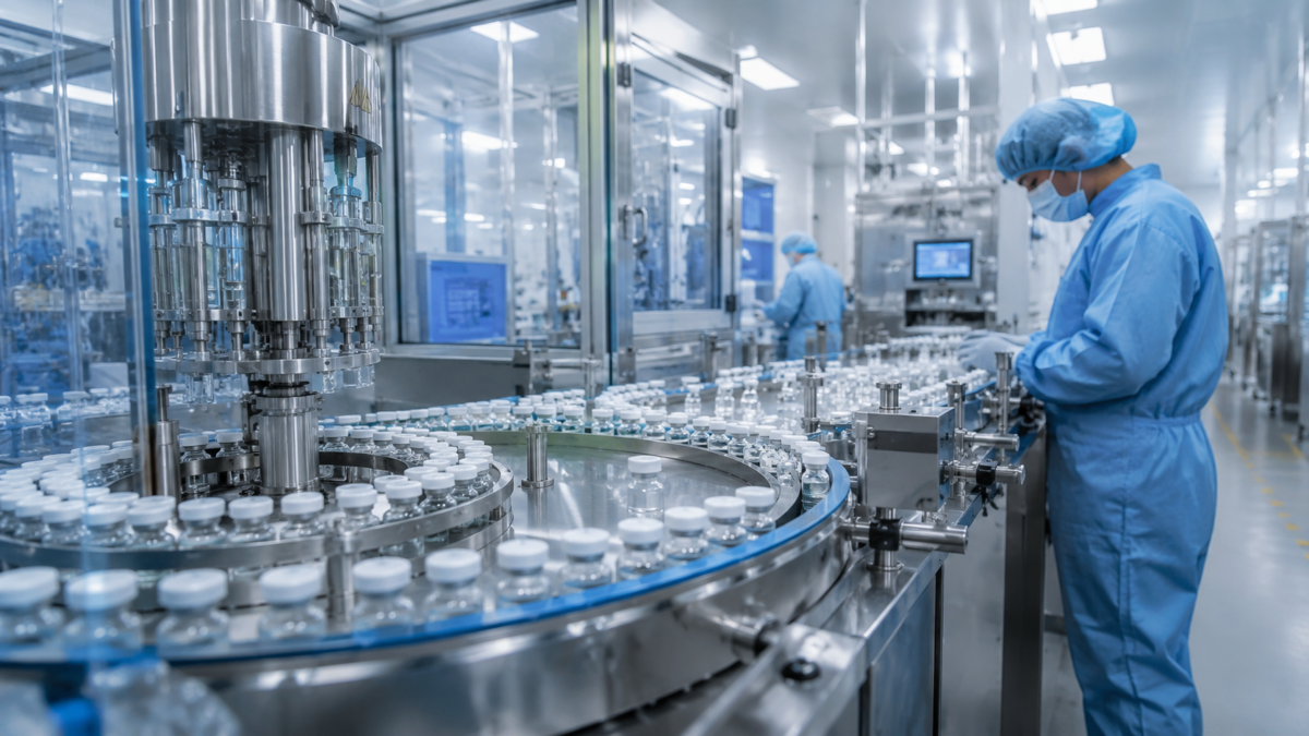 Technician inspecting medicine vials on an automated pharmaceutical manufacturing line