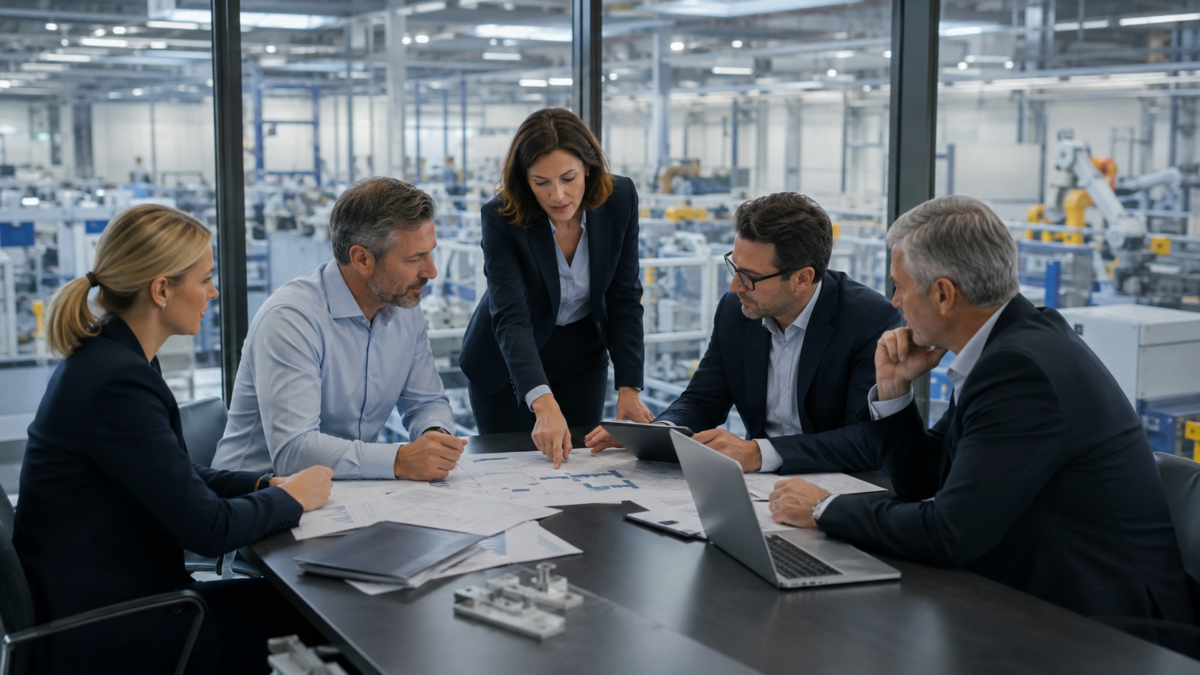 HR, legal, finance, and integration leaders reviewing workforce risks at a manufacturing facility