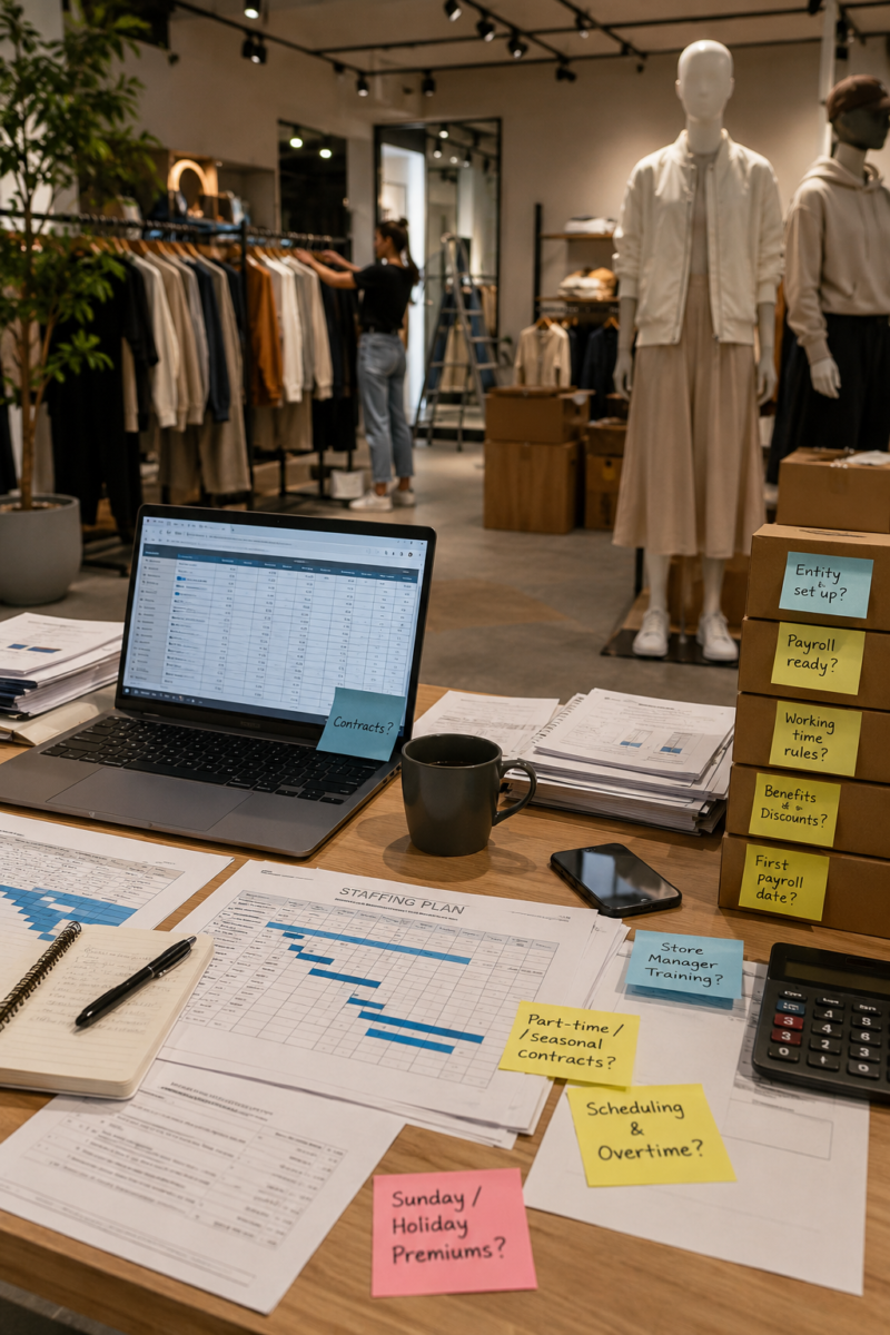 Retail staffing, payroll and scheduling documents being prepared inside a fashion store before opening