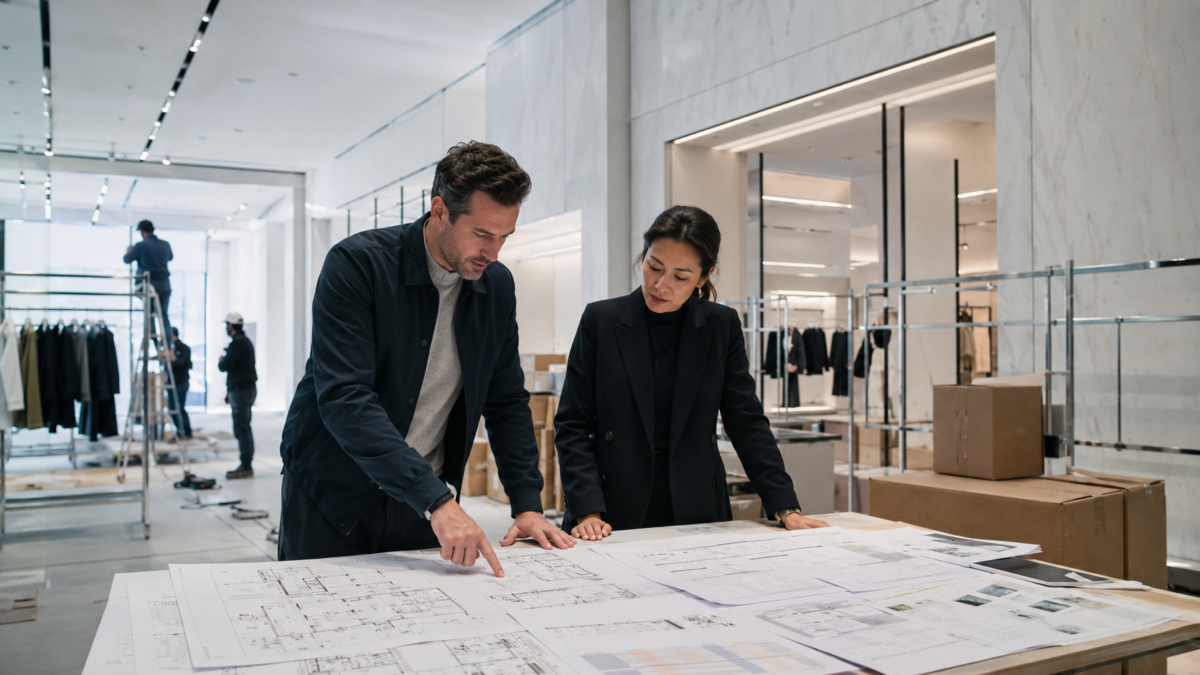 Retail expansion and HR leaders reviewing workforce plans inside a fashion store under construction