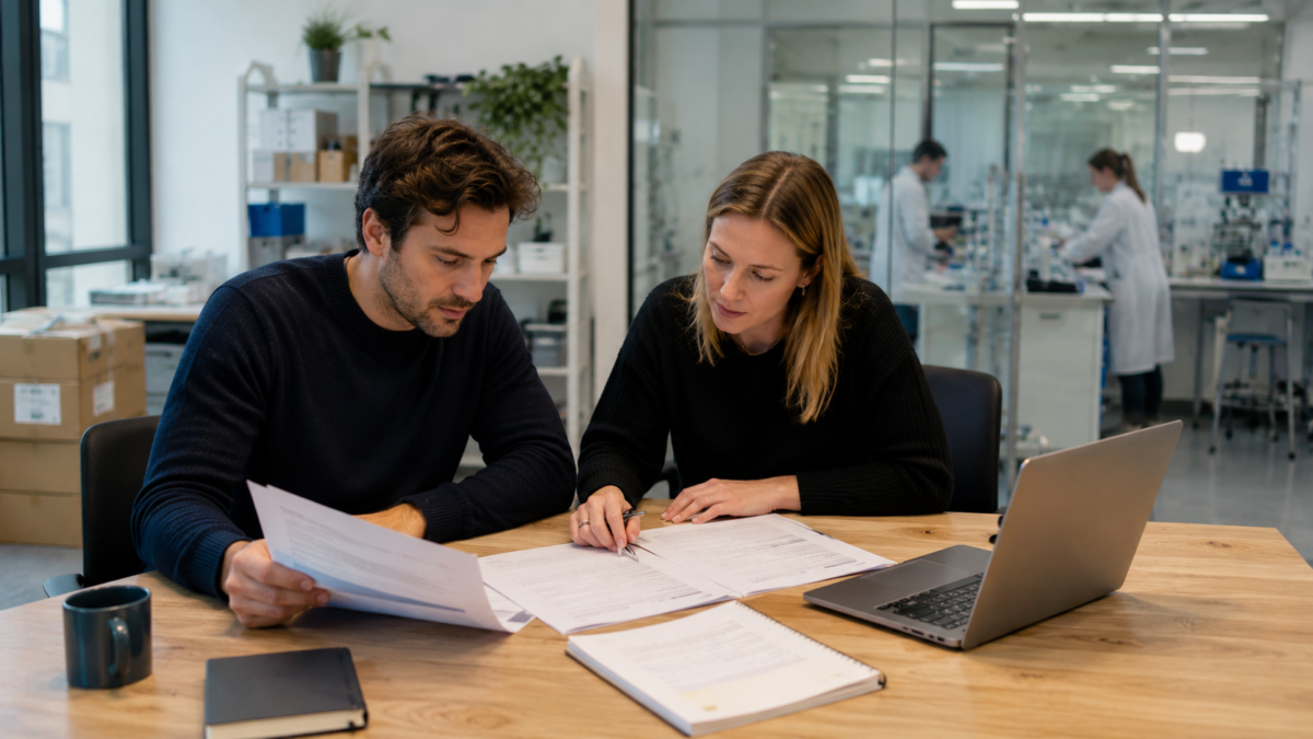 Biopharma startup founder and HR advisor reviewing employment documents for a first European hire