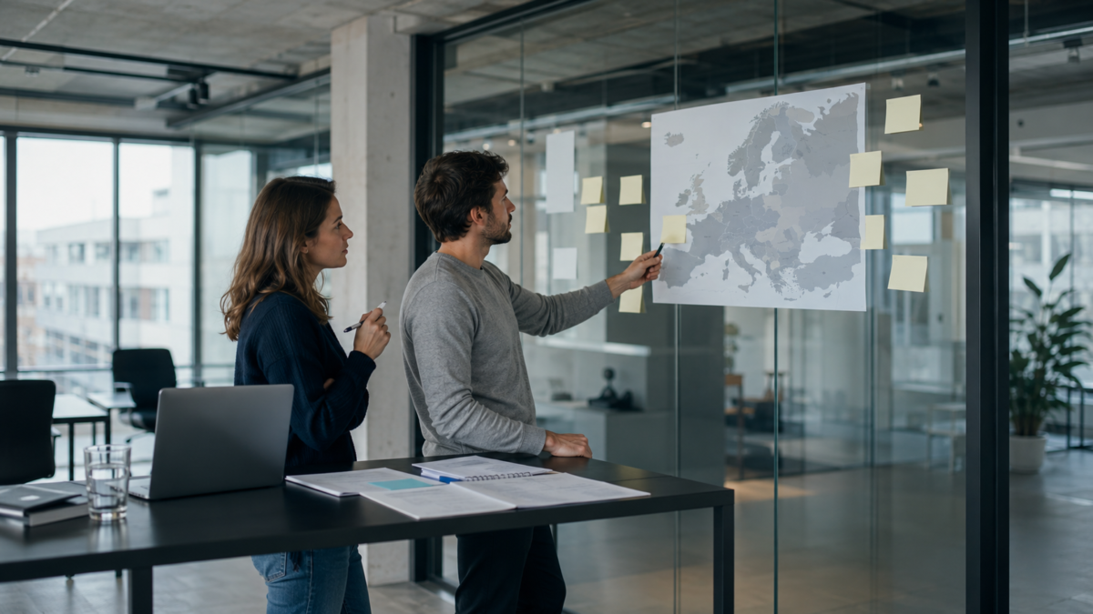 Tech startup leaders planning a first European country launch using a Europe map and hiring documents
