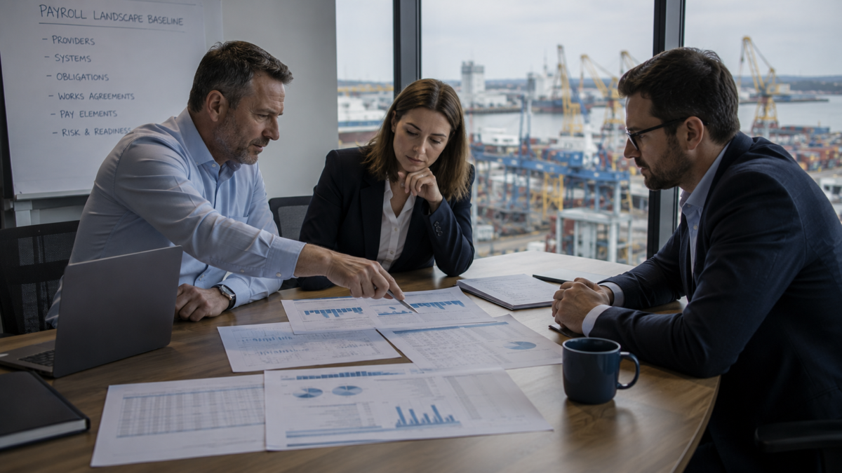 Payroll and HR consultants reviewing provider, system, and compliance data for European industrial operations