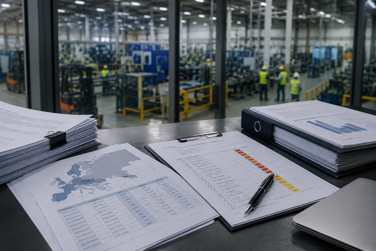 Audit documents and site risk checklist on a desk overlooking a manufacturing facility