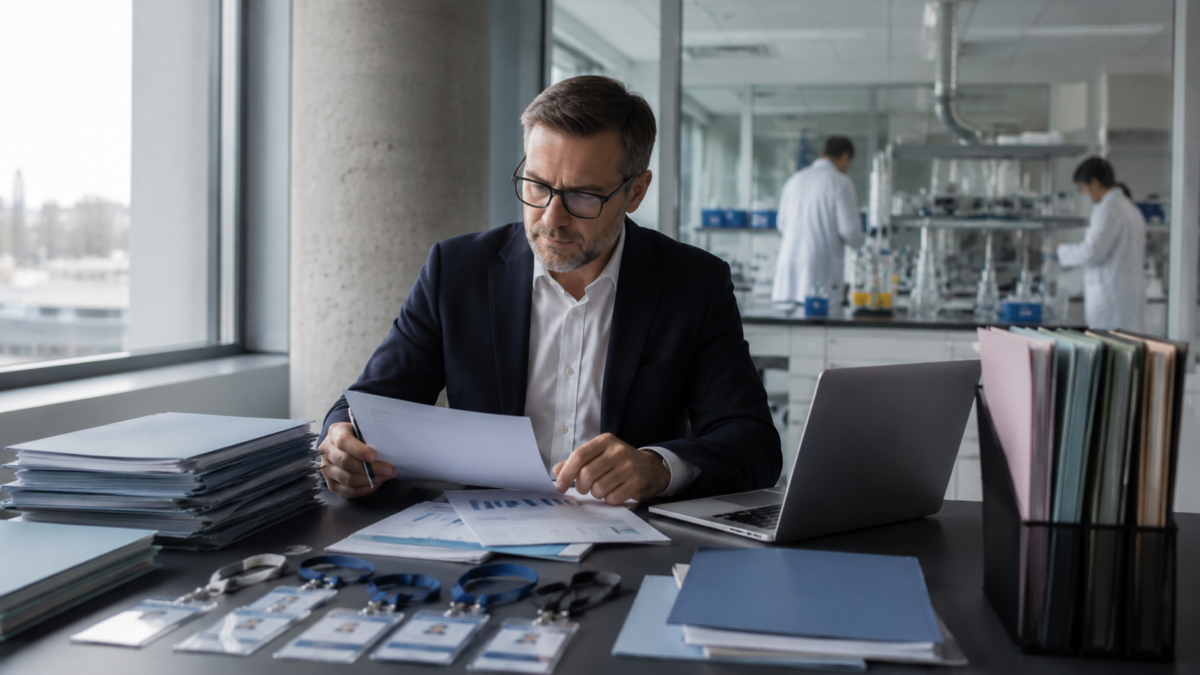 Senior HR consultant reviewing European workforce records in a pharmaceutical office with a laboratory in the background