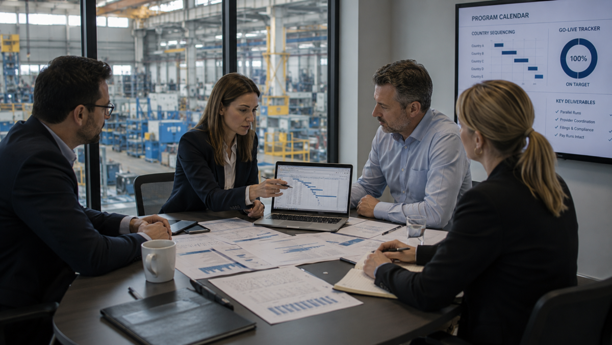 Payroll and program leaders coordinating country sequencing, parallel runs, and provider transitions in a manufacturing office