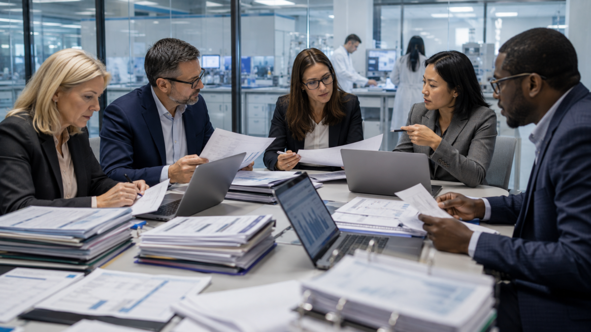 Senior HR, legal and compliance professionals reviewing workforce records in a modern pharmaceutical headquarters