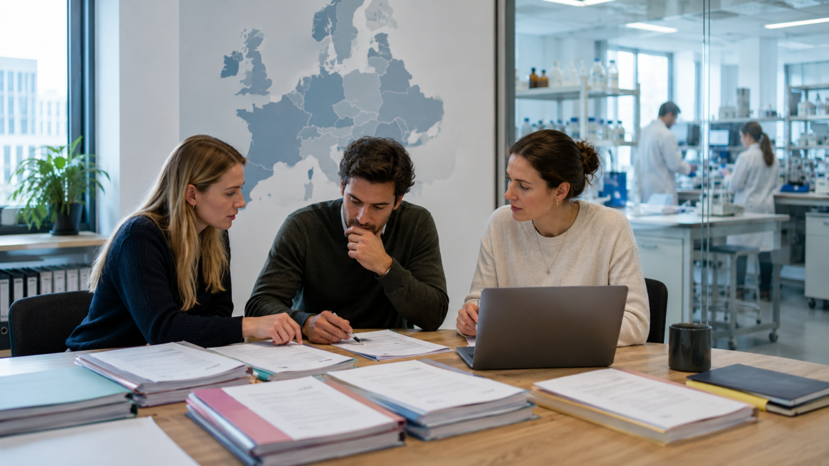 Lean biotech startup team reviewing country-specific employment documents in front of a Europe map