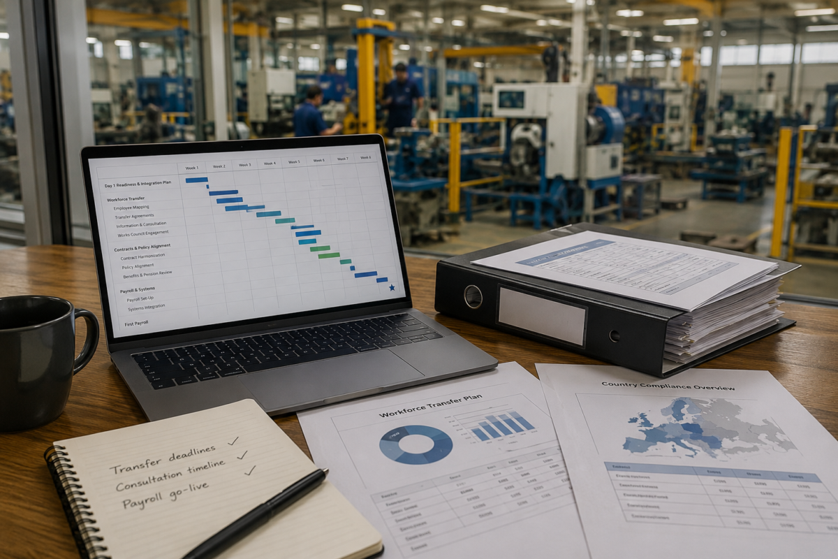 Workforce transfer timeline and payroll readiness documents on a desk overlooking an active manufacturing facility