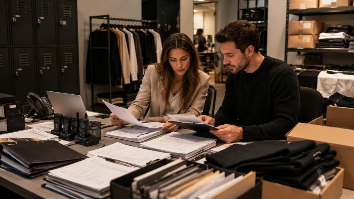 Retail HR manager and payroll specialist reviewing employee files and payroll documents in a fashion store back office