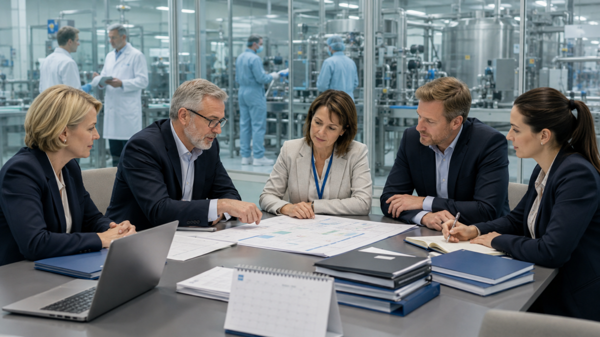 HR leaders implementing a European compliance improvement plan in a pharmaceutical manufacturing facility