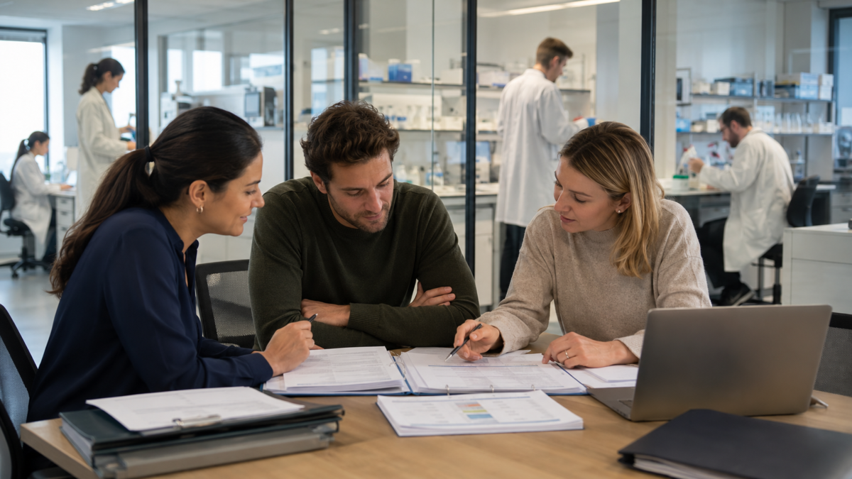 Biopharma startup leaders reviewing organized employment documents as the European team grows