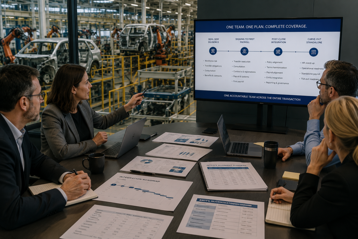 Deal and HR leaders reviewing an integration roadmap in a meeting room overlooking an automotive assembly line