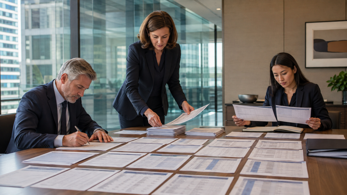 Three senior advisors sorting and comparing printed country compliance schedules around a large meeting table.