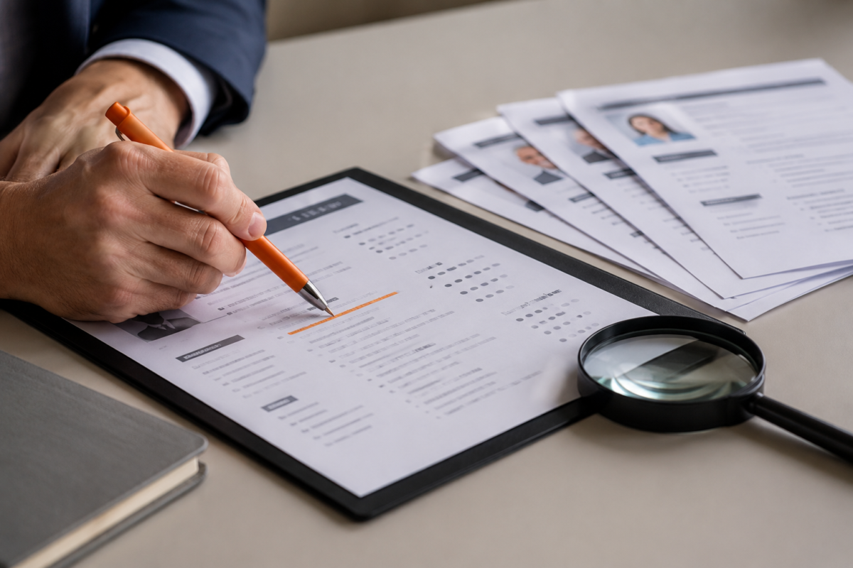 Recruiter reviewing a candidate shortlist with an orange pen and resumes on a desk