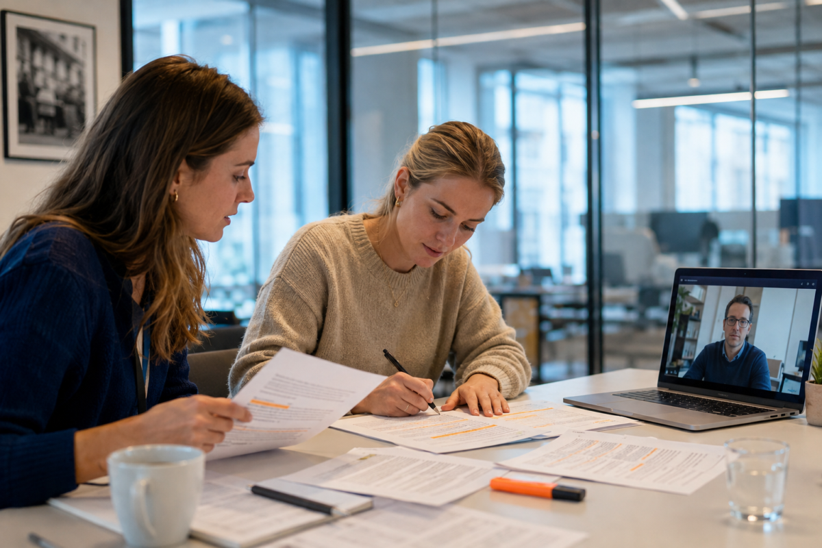 Two women reviewing and editing highlighted contract documents beside a laptop with a colleague joining by video call.