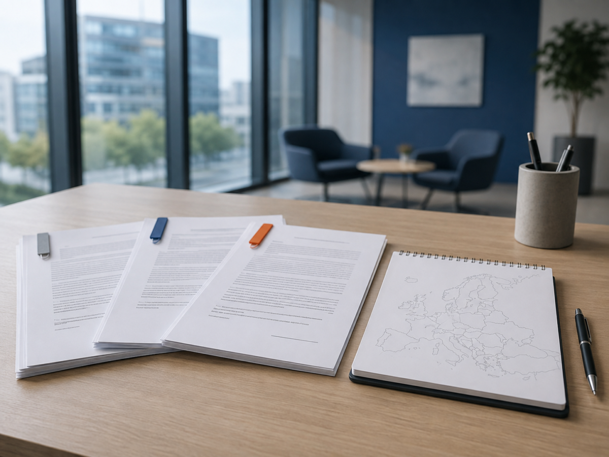 Three overlapping printed contract sets with colored tabs beside a notepad showing an outline map of Europe on a clean desk.